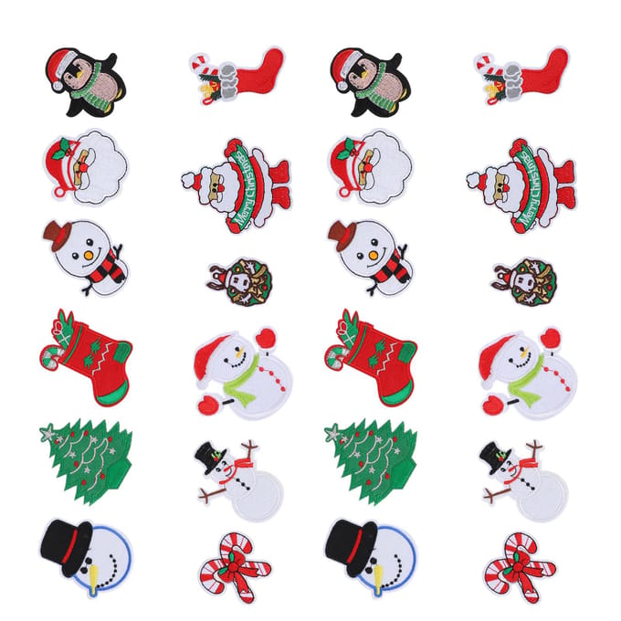 24 Stuks Kerst Patches Borduurwerk Stoffen Stickers Kerstman Sneeuwpop DIY Strijkpatch white