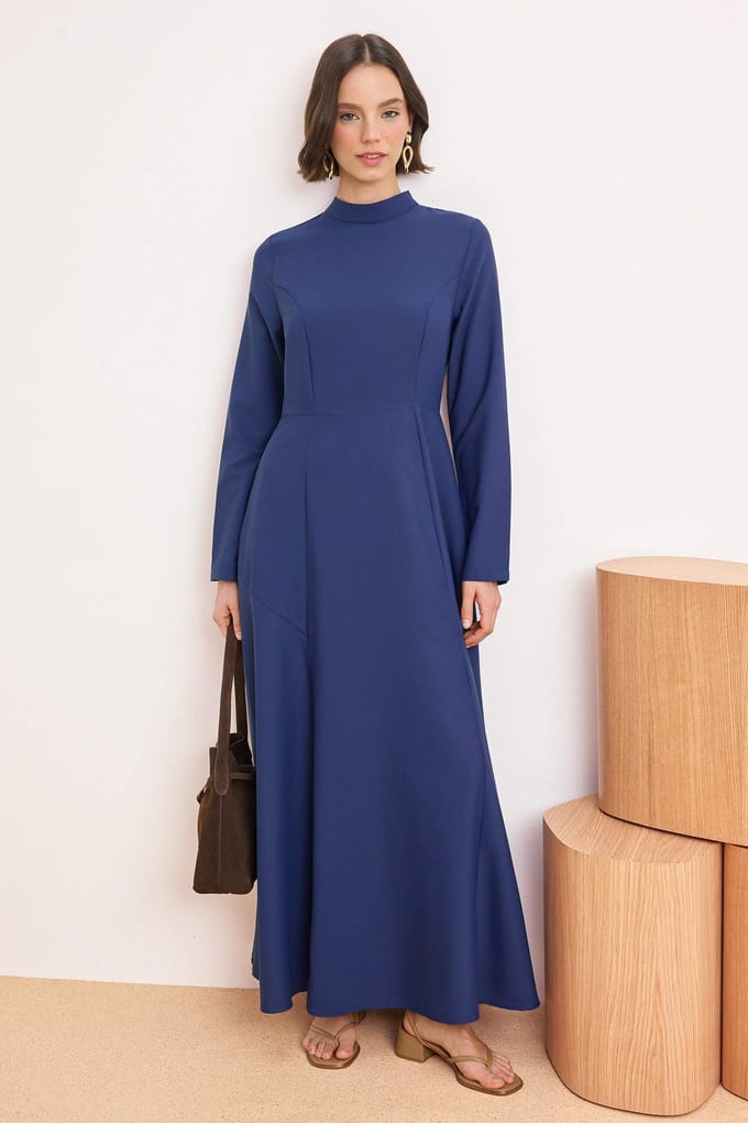Marineblauwe platte maxi-jurk voor dames met hijab