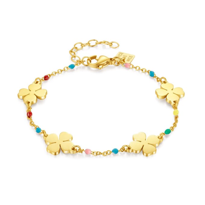 Twice As Nice Armband in goudkleurig edelstaal, 4 klavers, mutlikleurig email 16cm+3cm