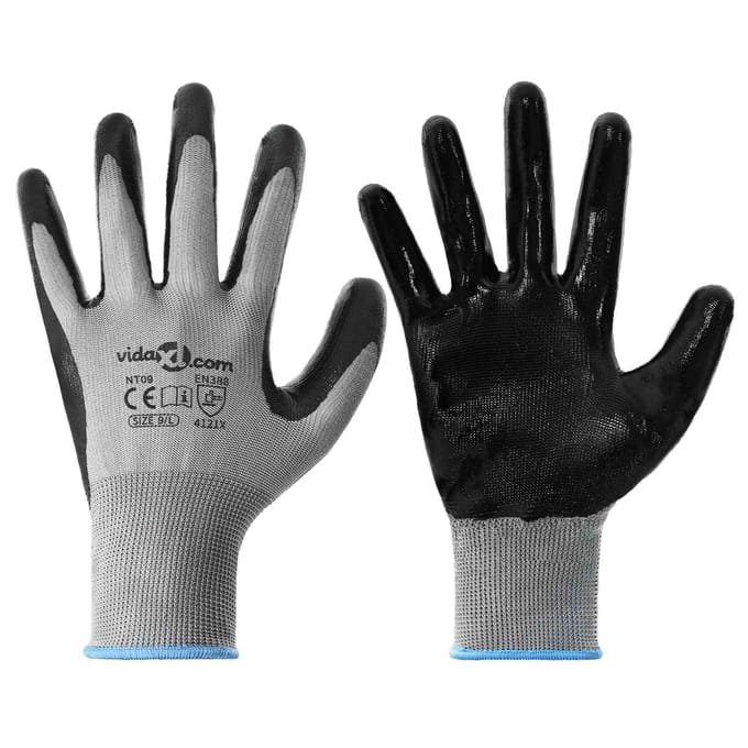 vidaXL Werkhandschoenen 12 st Grijs en zwart 9 / l Polyester