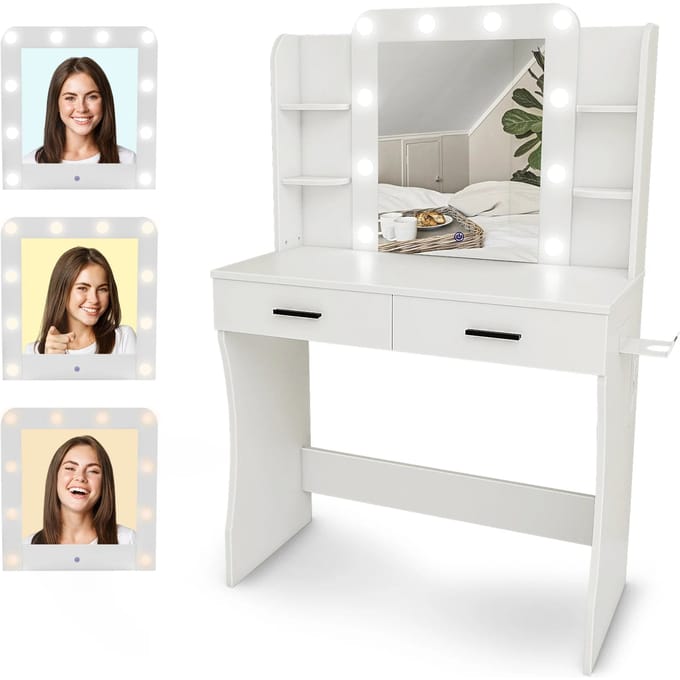 Kaptafel met Spiegel en LED verlichting - 85x40x131cm - Wit - Ingebouwde Stopcontact
