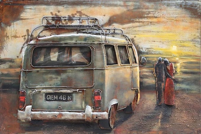 Metaalschilderij - Handgeschilderd - Op date (oldtimer), 120x80cm