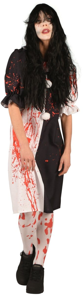 Horror Clown Jurk - Zwart-Wit - Bloedspetters Halloween - Dames - Maat M/L