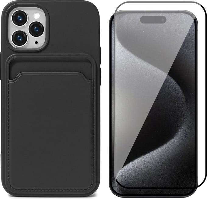 Hoesje Pasjeshouder geschikt voor iPhone 15 Pro Max - Screenprotector FullGuard - Siliconen Case Back Cover Zwart & Screen Protector