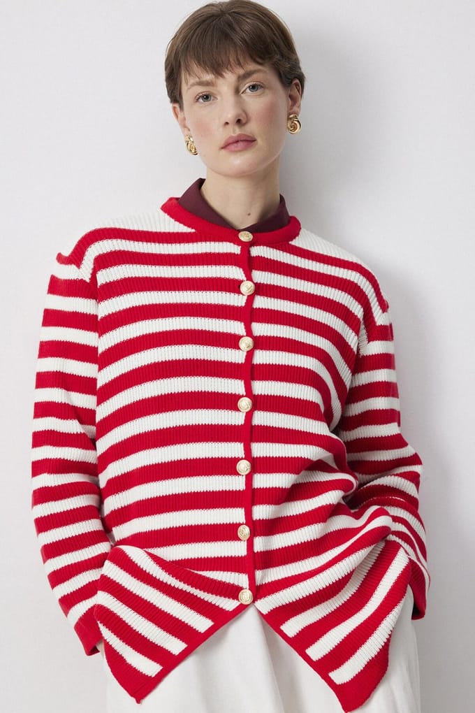 Touché Privé - Lang gestreept vest met gouden knopen - Rood - Dames