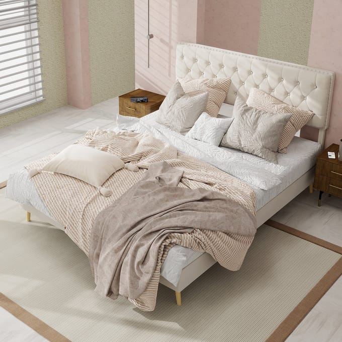 REDOM Bedframe 140x200 cm – Met hoog hoofdbord met nageldetails – Beige (fluweel)