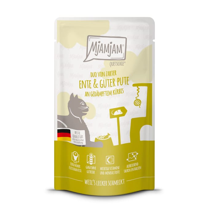 12x125g MjAMjAM Quetschie Eend & Kalkoen nat kattenvoer