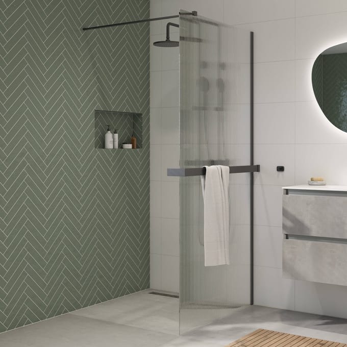 Saqu Modulo inloopdouche incl. antikalk 100x210cm geribbeld glas met handdoekhouder mat zwart