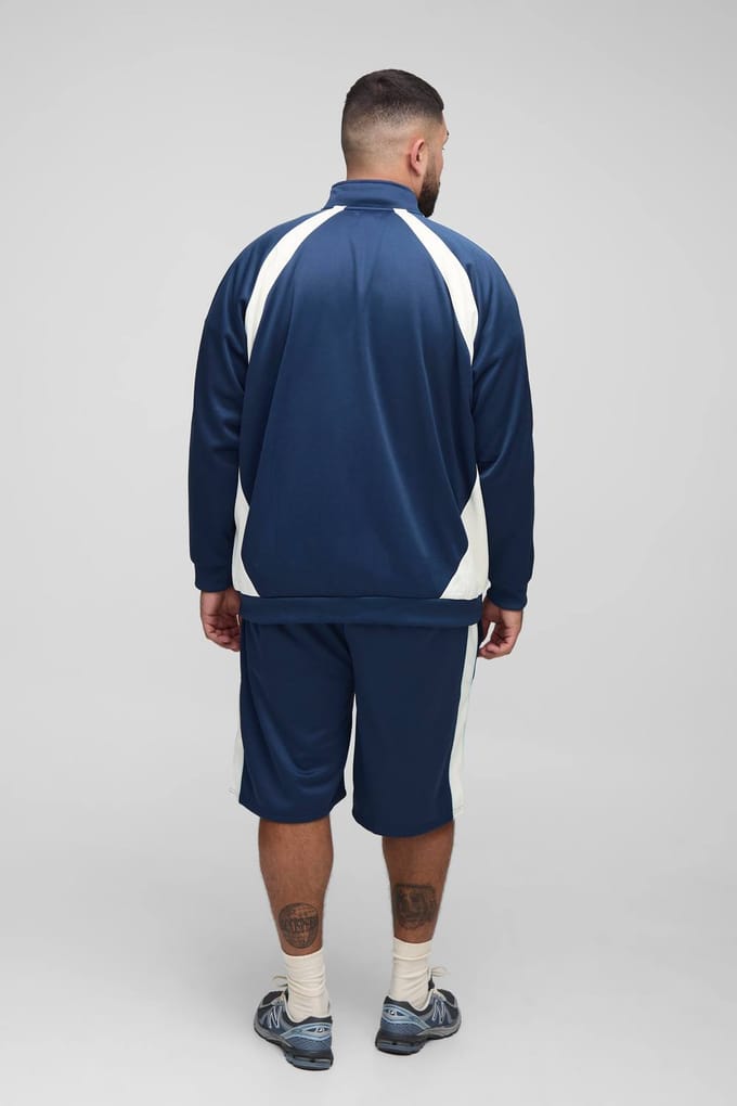 Plus Men's Regular Fit Tricot Kleurblok Funnel Neck Tracktop | Navy | Size 2XL