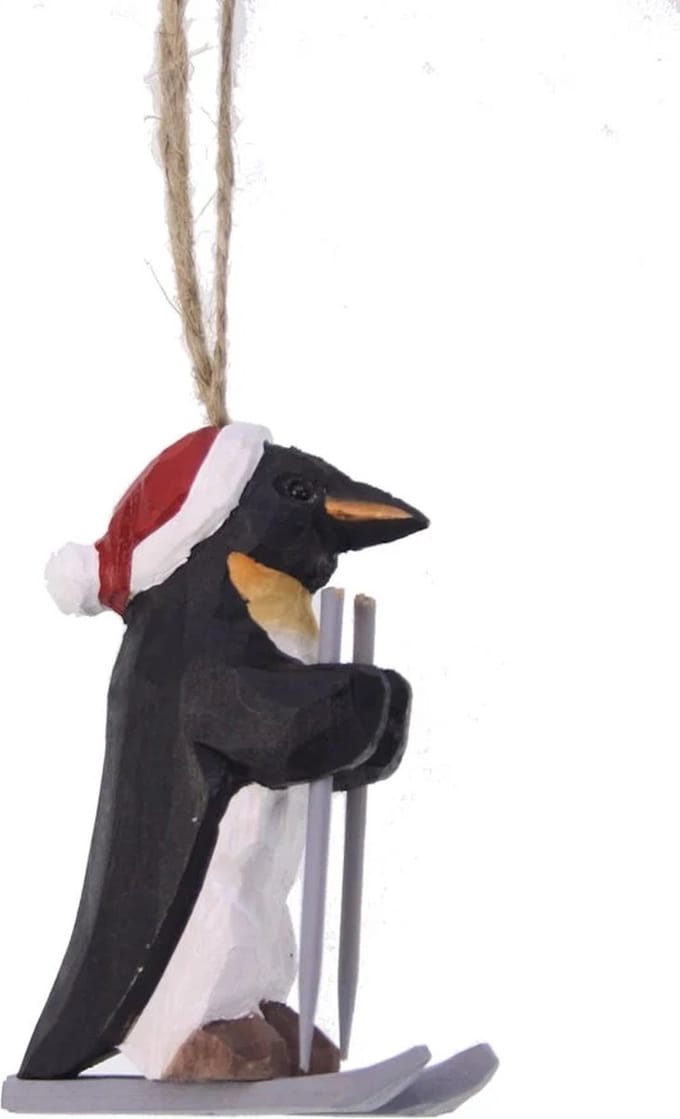 Ornament Pinguïn op ski's, hout 6x5x8,5cm