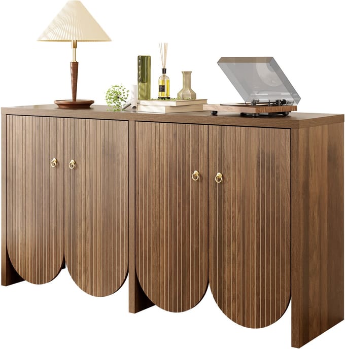 Sideboard - 147x40x80 cm walnoot - 4 deuren & verstelbare planken - verticale ribbels & alu handgrepen