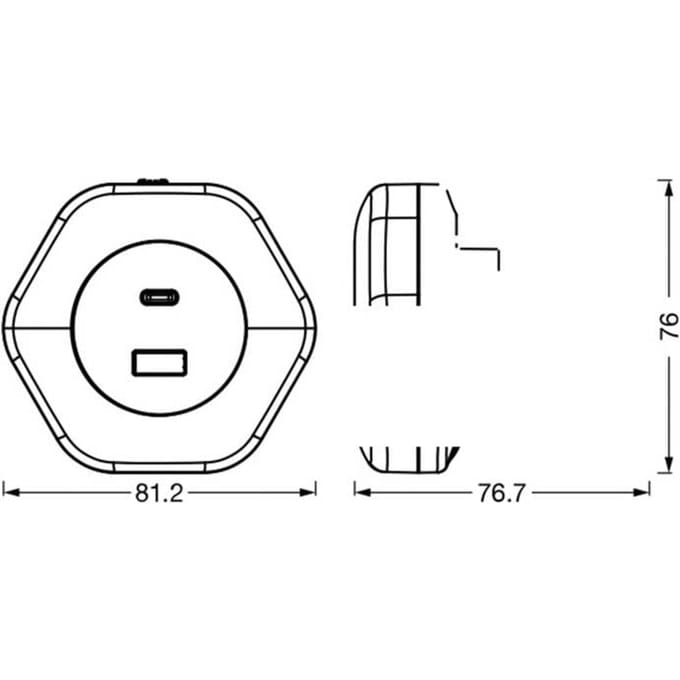 OSRAM LUNETTA HEXAGON plug-in nachtlamp, wit, 5W, 5lm, warm witte lichtsensor, USB-A & USB-C poort, LED technologie, oplaadfunctionaliteit, lange levensduur, IP20, 3000K.