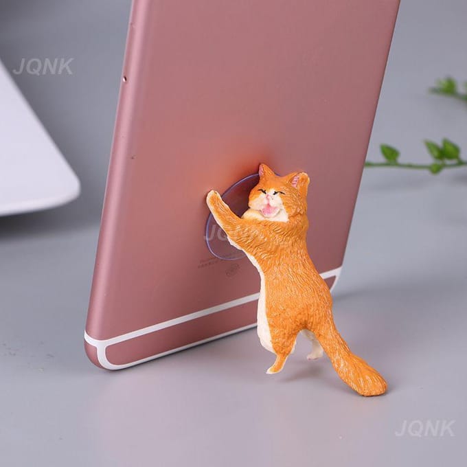 Support de téléphone portable en forme de chat mignon, support de bureau à ventouse en résine, support de téléphone portable, design à ventouse, support animal pour smartphone gris
