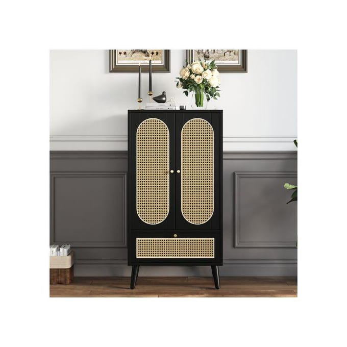 Buffet compact - MUVOE - 1,1 m - Design rotin - 2 portes - 1 tiroir - Noir noir
