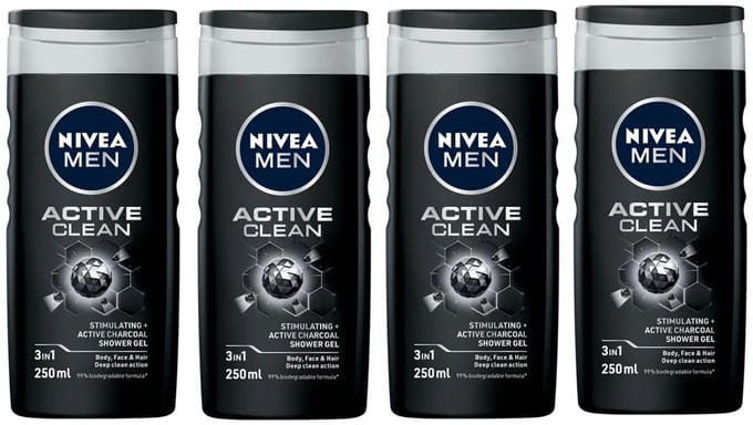 NIVEA MEN Douchegel - Active Clean - 4 x 250 ml - Voordeelverpakking