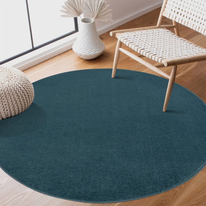 Uni Rond Effen Laagpolig Vloerkleed Modern Blauw- 150 CM Ø