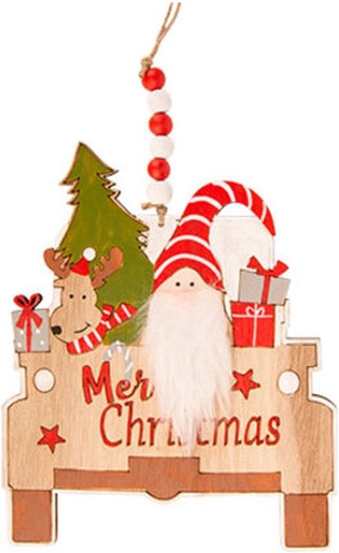 Hanger kerstman in auto - 13x11cm - hout