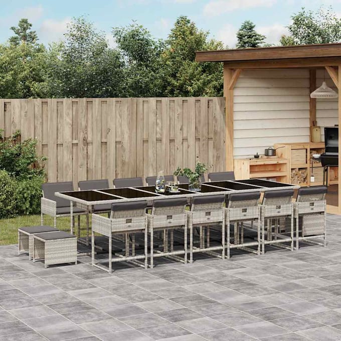 vidaXL - 17-delige - Tuinset - met - kussens - poly - rattan - lichtgrijs