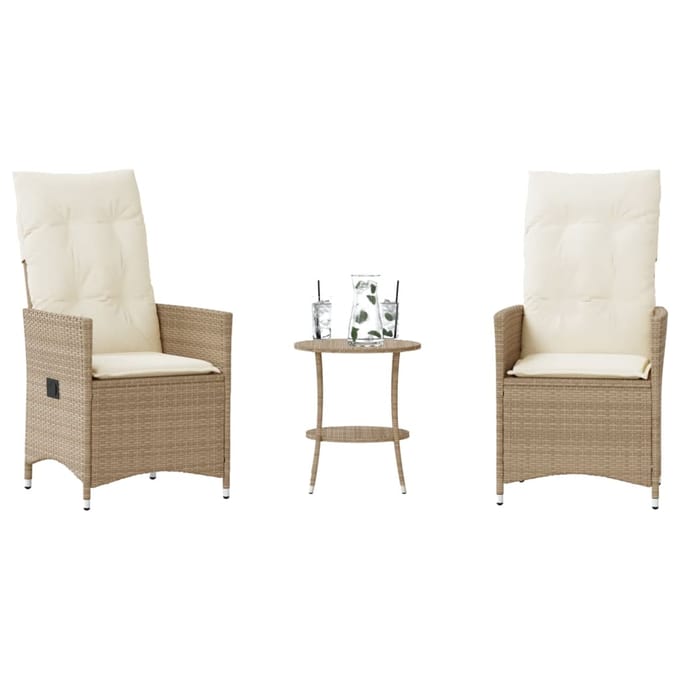 vidaXL - 3-delige - Bistroset - met - kussens - poly - rattan - beige