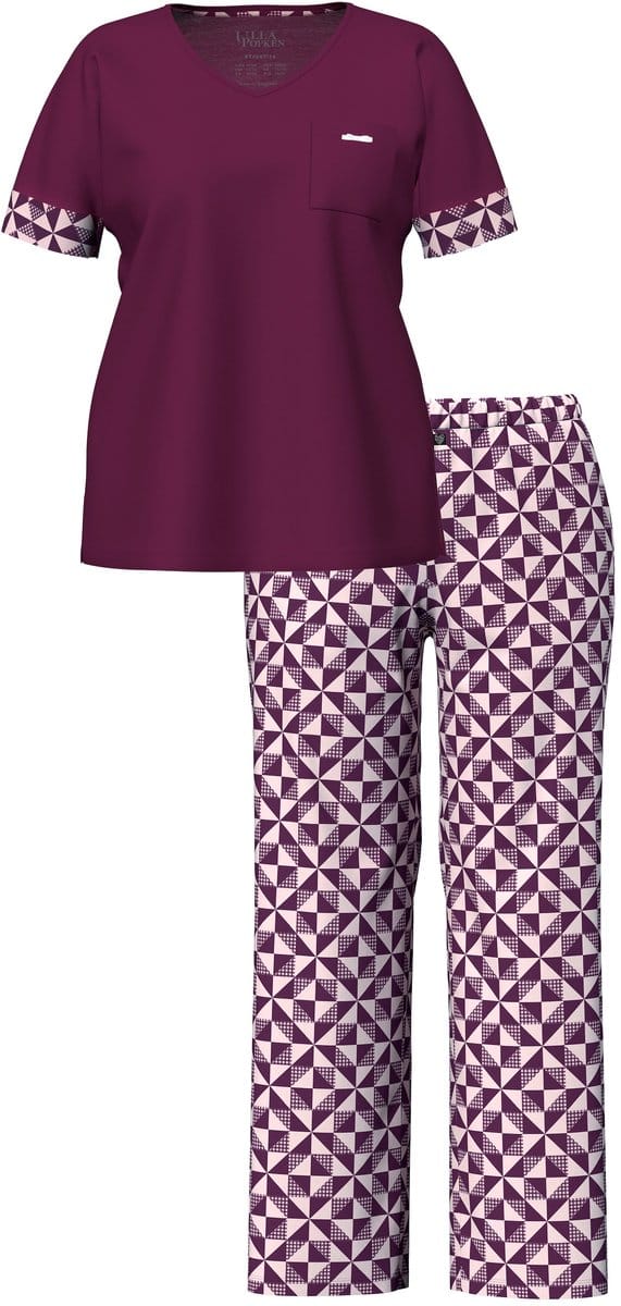 Ulla Popken - Dames - Pyjama ruitjespatroon V-hals korte mouw - Donker bes - Maat 50+