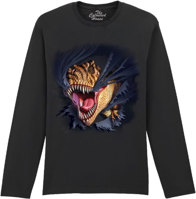 Dino T-Rex Tearing Black The Coloured House Longsleeve T-shirt M