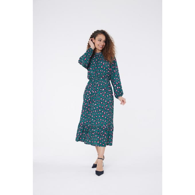 Luipaard maxi jurk met hoge hals - Groen