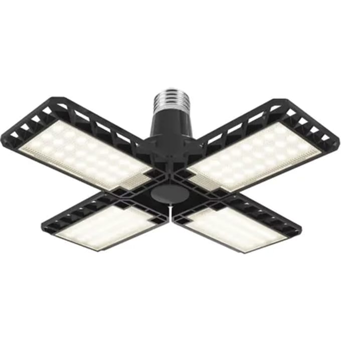 LEDVANCE Highbay Blade ceiling lamp in black, plastic, with adjustable light wings, provides 23 W or 2350 lm in neutral white with 4,000 K, E27 screw thread, 231-mm diameter, IP20