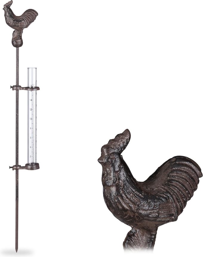 regenmeter - haan - grondpen - 17cm - glazen houder - tuinsteker - metaal - brons
