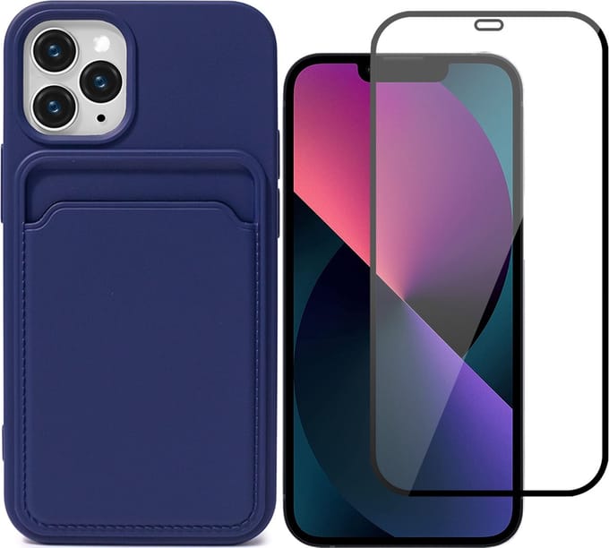 Hoesje Pasjeshouder geschikt voor iPhone 12 Pro Max Blauw - Siliconen Case Back Cover + Full Screen Protector Glas Screenprotector