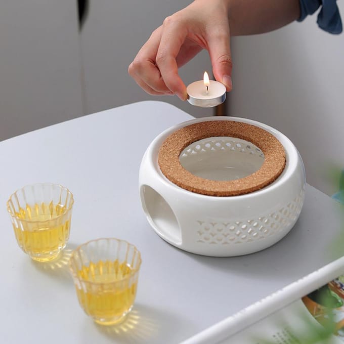 Theepotwarmer Porselein Koffiepotverwarmer Theepotbasis met Kurkonderzetter Thee Koffie Waterwarmer white