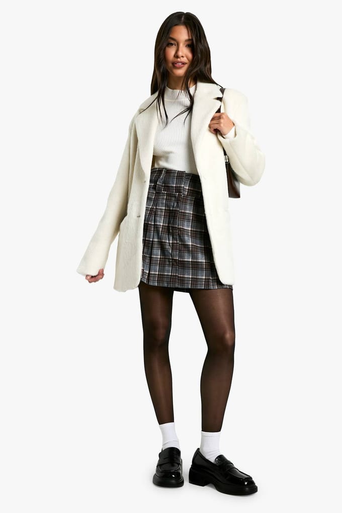 boohoo Dames Check Print Geplooide Mini Rok | Bruin | Maat: XS