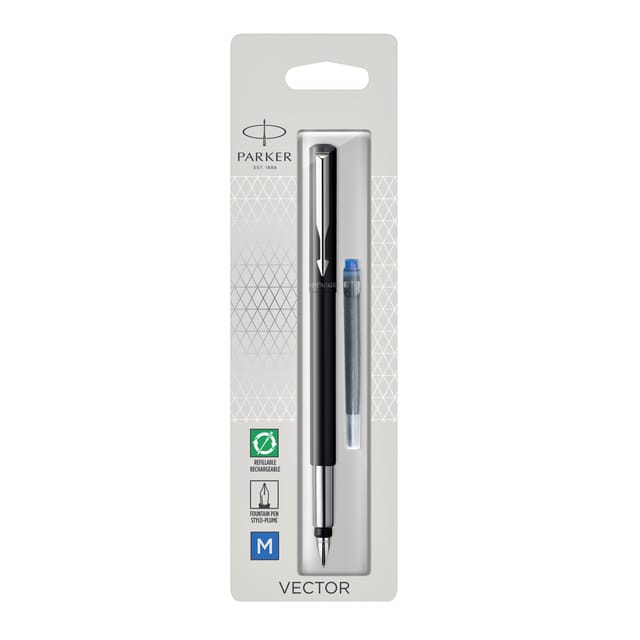 Parker Vector-vulpen | zwart met chrome afwerking | mediumpunt | blauwe inkt | hangtab