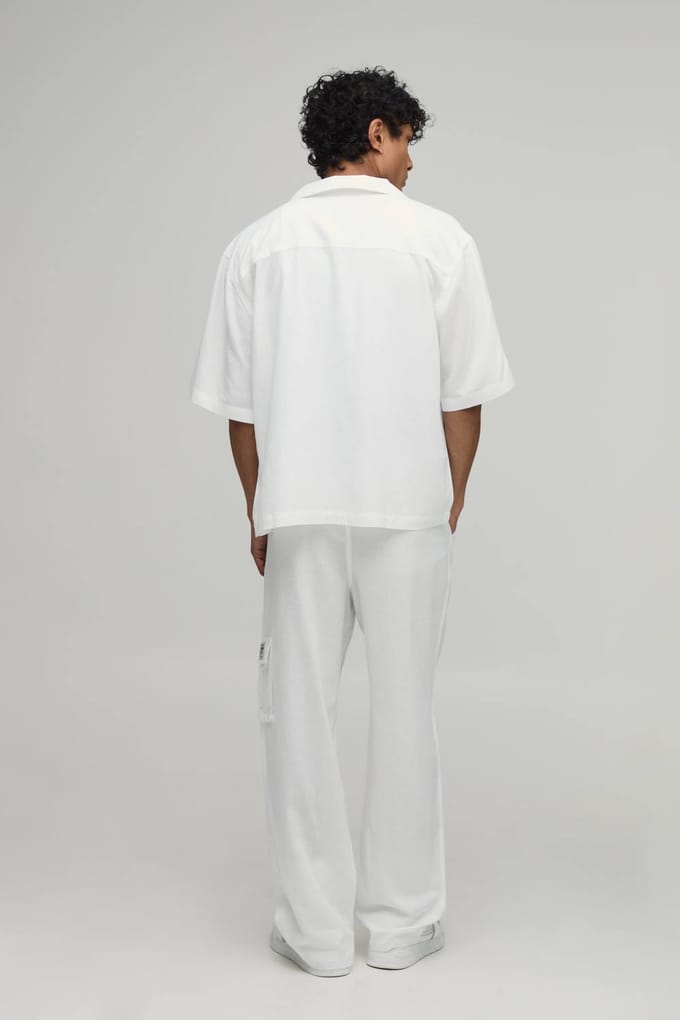 Linen Oversized Short Sleeve Cargo Shirt & Baggy Trouser Set | White | Size Medium