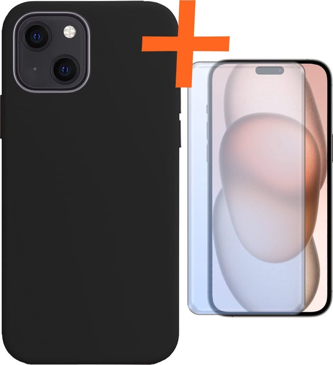 Hoes - Met Screenprotector - Geschikt voor Apple iPhone 15 - Sterk & Shockproof - Back Cover - Siliconen Case - Telefoon Hoes - Zwart