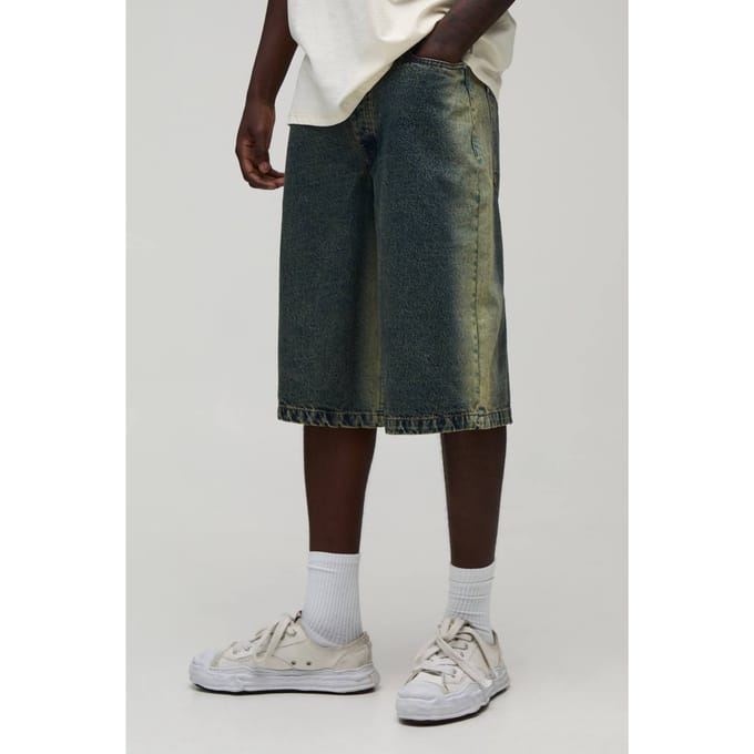 Longline Getinte Denim Jorts | Green | Size 28