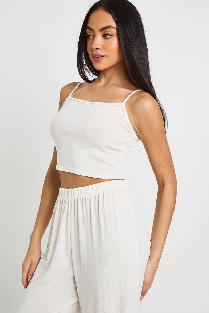 boohoo Dames Pointelle Hemdje En Wijde Pyjama Broek Set | Beige | Maat: 8