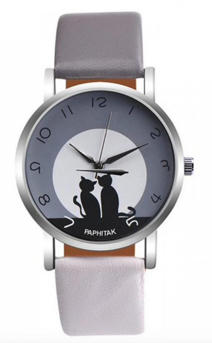 Hidzo Horloge Paphitak Katten - Ø 37 mm - Grijs/Wit - Kunstleer