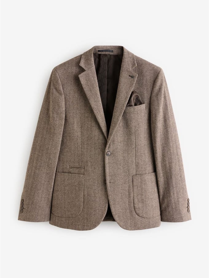 Next - Heren - Slim Fit - Blazer met visgraatmotief en hoog wolgehalte - Bruin