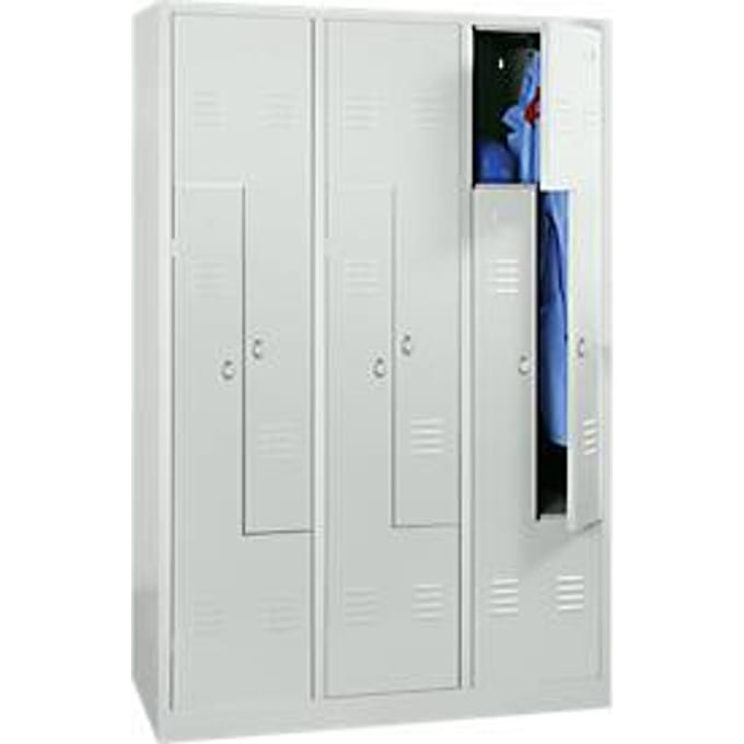 Locker, 6 compartimenten, 6 vakken, Z-deuren, met sokkel, draaivergrendeling, lichtgrijs