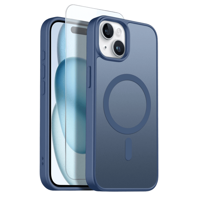 Northjo 2-in-1 iPhone 15 Hoesje – Shockproof, MagSafe + Screenprotector Blauw