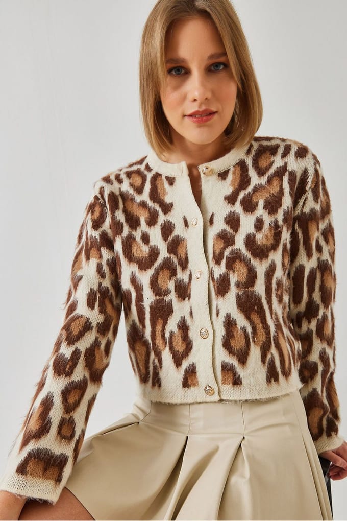 Leopardprint Gebreide Cardigan met Knopen Sluiting