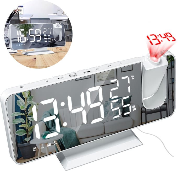 OKWISH Projectieklokken – LED Projectie Wekker Met Instelbare Helderheid, Temperatuurweergave En Schlaftimer – ABS – Wit