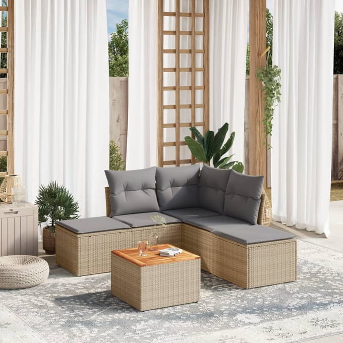 vidaXL - 6-delige - Loungeset - met - kussens - poly - rattan - gemengd - beige