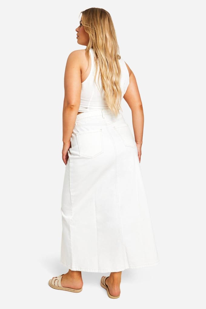 boohoo Dames Plus Ecru Denim Split Front Maxi Rok | Maat: 28
