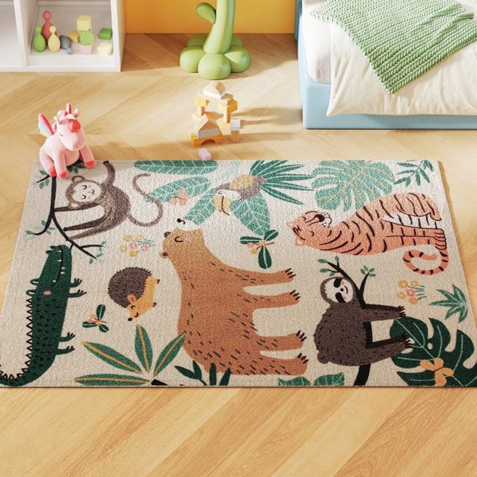 Fleece-Teppich - 150x80 cm - Dschungel-Muster - Wasbaar - Cremewit+Bunt