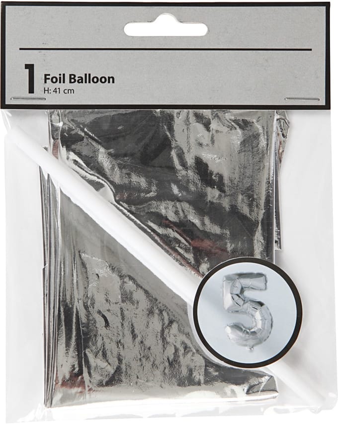 Folieballon , 5, H: 41 cm, zilver, 1 stuk