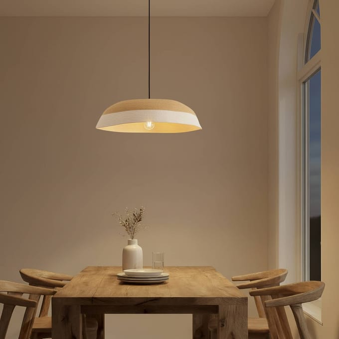 Lindby hanglamp Caliva, Ø 60 cm, beige/wit, henneptouw