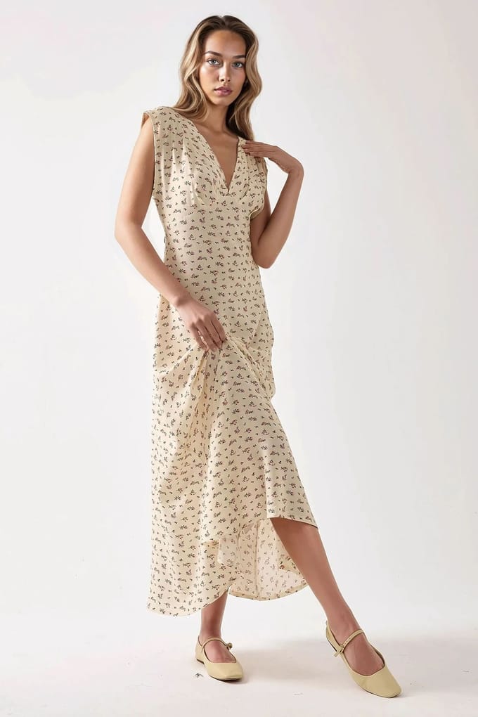 Floral V-hals Midi Jurk