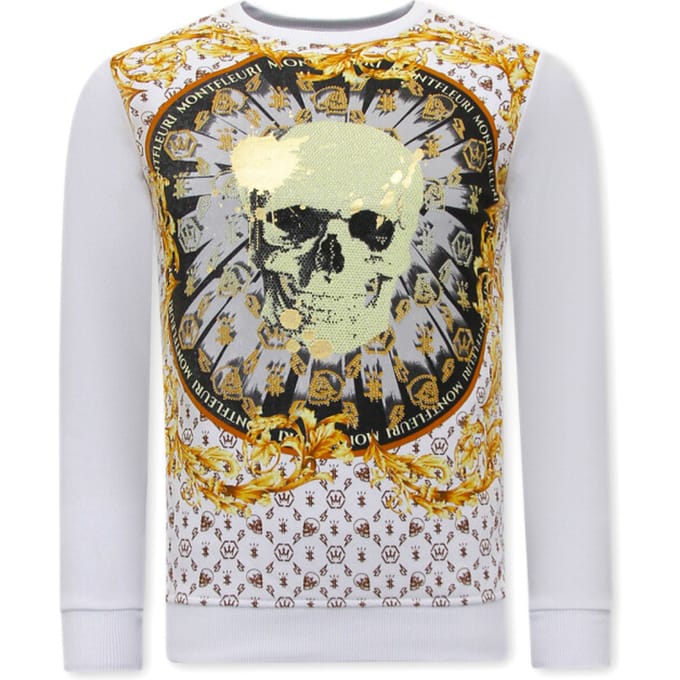 Heren Sweater met Print - Skull Strass - 3796 - Wit