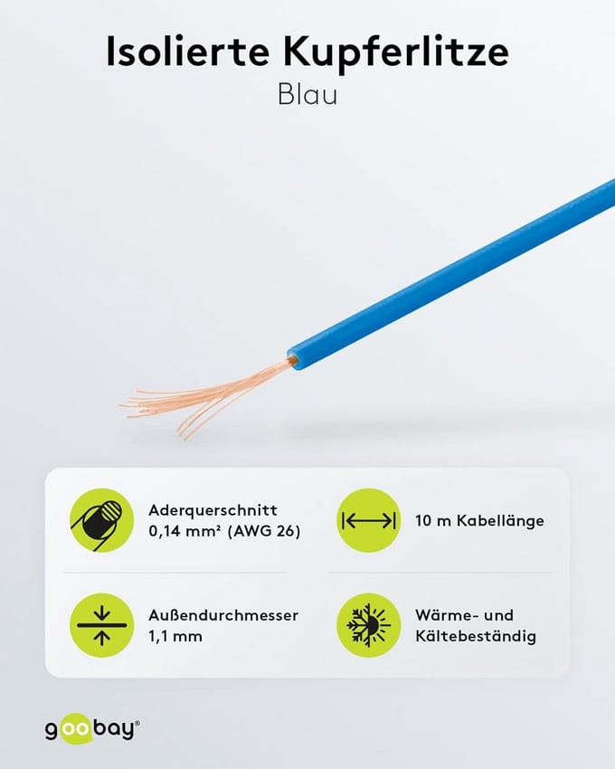 Blauwe Geïsoleerde Koperdraad 10 Meter Aderdoorsnede 0,14 mm²
